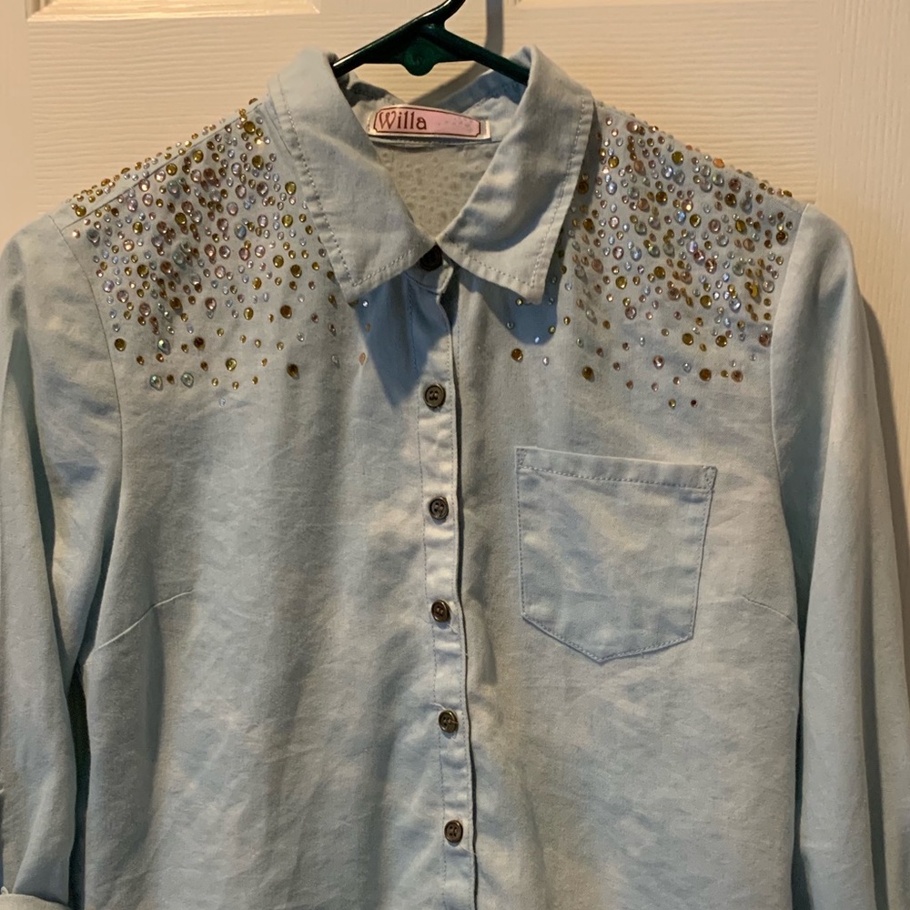 High low rhinestone blue jean shirt